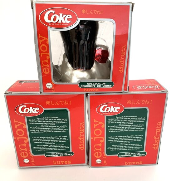 3 Coca-Cola Hand Blown Glass Ornaments Delivery Truck Cooler & Coke Glass Boxes - Picture 2 of 9
